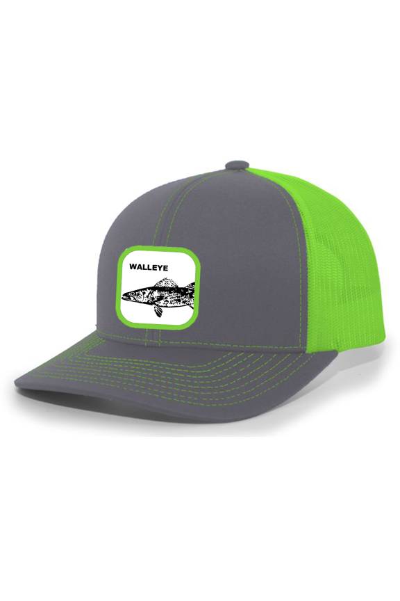 Fish Hat Walleye Embroidered Patch Mesh Back Trucker Hat Baseball Cap, Charcoal/Neon Green