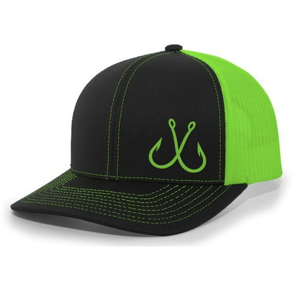 Heritage Pride Fishing Hook Outdoors Mens Embroidered Mesh Back Trucker Hat Baseball Cap, Black/Neon Green