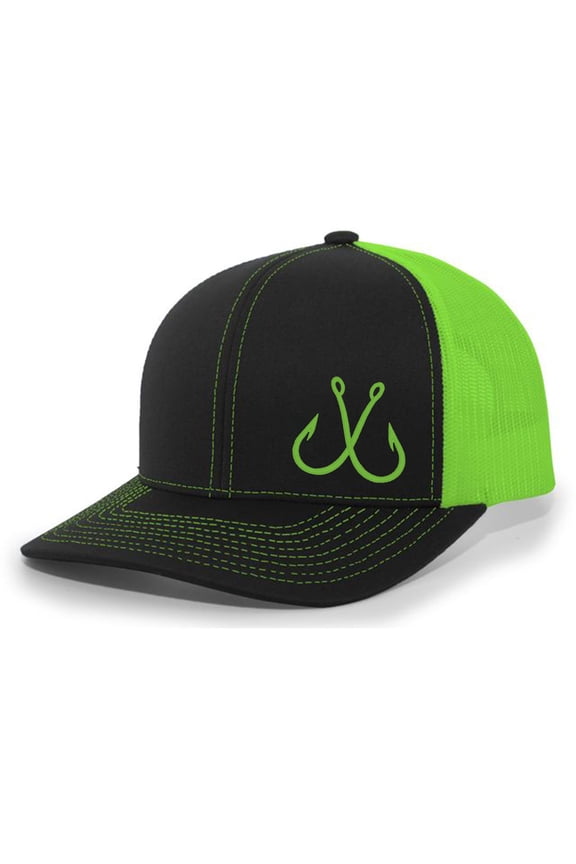 Fishing Hook Outdoors Mens Embroidered Mesh Back Trucker Hat Baseball Cap, Black/Neon Green