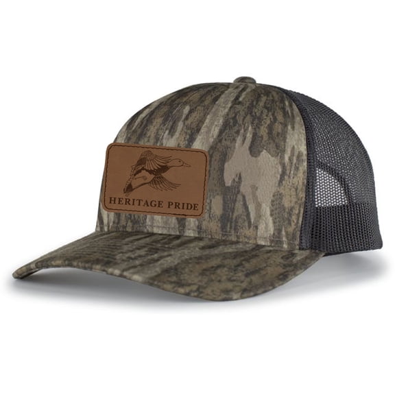 Heritage Pride Flying Duck Engraved Leather Patch Mens Trucker Hat Baseball Cap, Bottomland Camo/Charcoal
