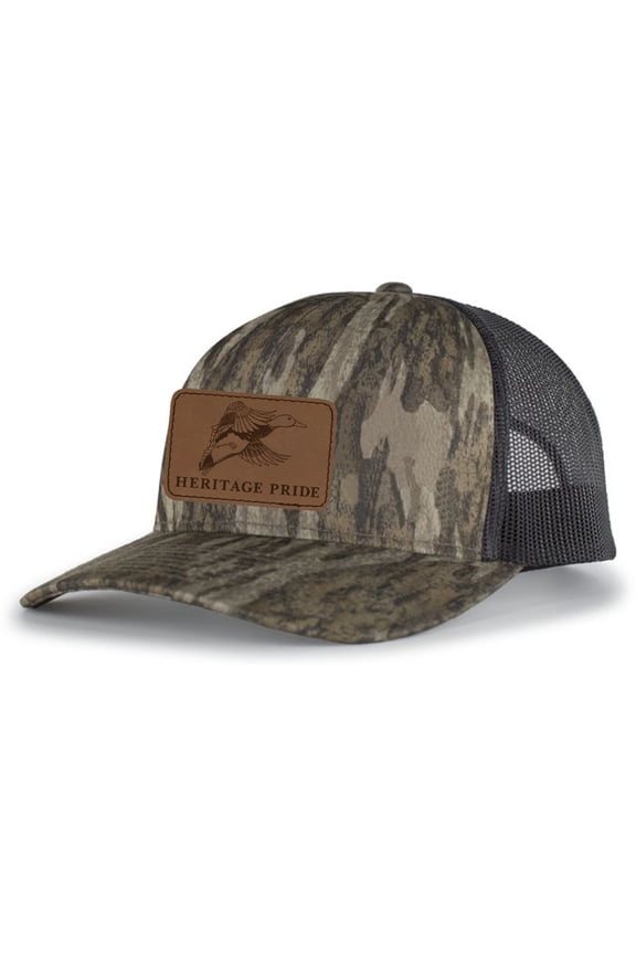 Flying Duck Engraved Leather Patch Mens Trucker Hat Baseball Cap, Bottomland Camo/Charcoal