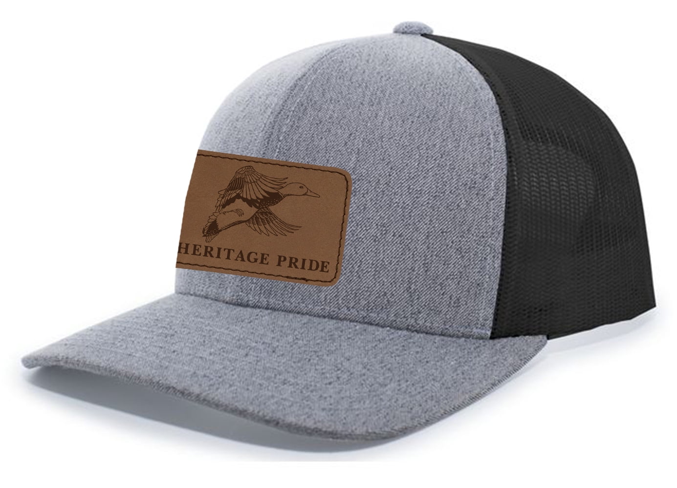 Heritage Pride Flying Duck Engraved Leather Patch Trucker Hat - Mesh Back Baseball Cap, Adjustable, Black, One Size