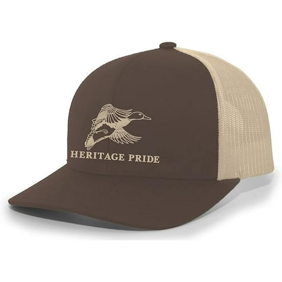 Heritage Pride Flying Duck Mens Embroidered Mesh Back Trucker Hat Baseball Cap, Brown/Khaki