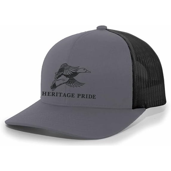 Heritage Pride Flying Duck Mens Embroidered Mesh Back Trucker Hat Baseball Cap, Charcoal/Black
