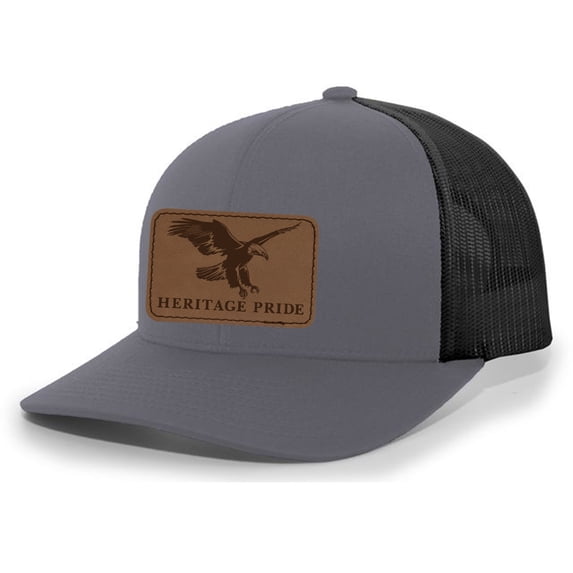 Heritage Pride Flying Eagle Engraved Leather Patch Mens Trucker Hat Baseball Cap, Charcoal/Black