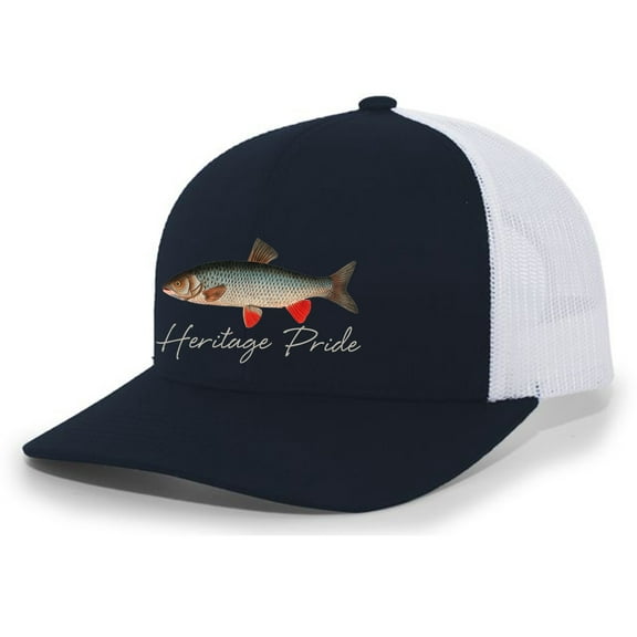 Heritage Pride Freshwater Fish Collection Carp Fishing Mens Embroidered Mesh Back Trucker Hat Baseball Cap, Navy/White