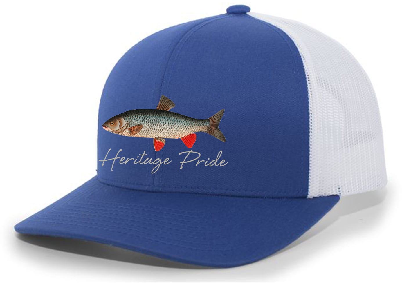 Heritage Pride Freshwater Fish Collection Carp Fishing Mens Embroidered Mesh  Back Trucker Hat Baseball Cap, Royal/White 