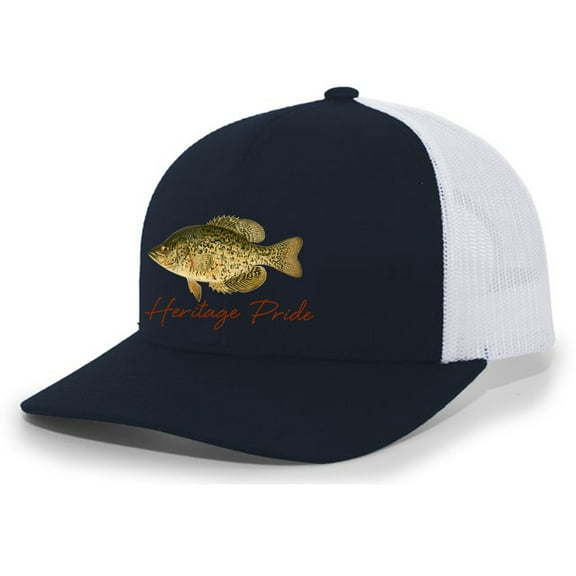 Heritage Pride Freshwater Fish Collection Crappie Fishing Mens Embroidered Mesh Back Trucker Hat Baseball Cap, Navy/White