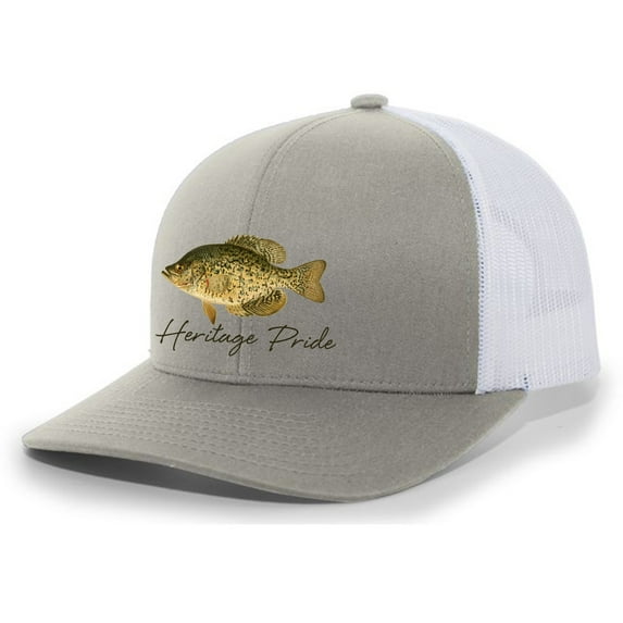 Heritage Pride Freshwater Fish Collection Crappie Fishing Mens Embroidered Mesh Back Trucker Hat Baseball Cap, Silver/White