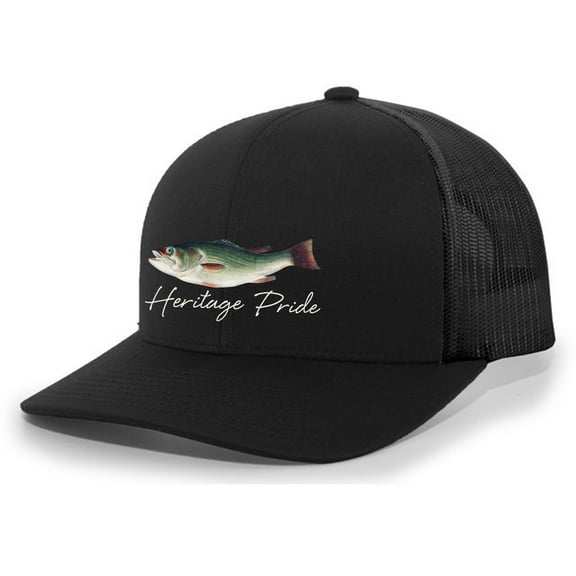 Heritage Pride Freshwater Fish Collection Largemouth Bass Fishing Mens Embroidered Mesh Back Trucker Hat Baseball Cap, Black/Black