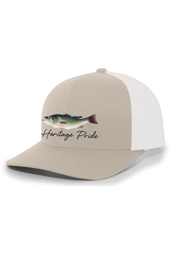 Freshwater Fish Collection Largemouth Bass Fishing Mens Embroidered Mesh Back Trucker Hat Baseball Cap, Khaki/White