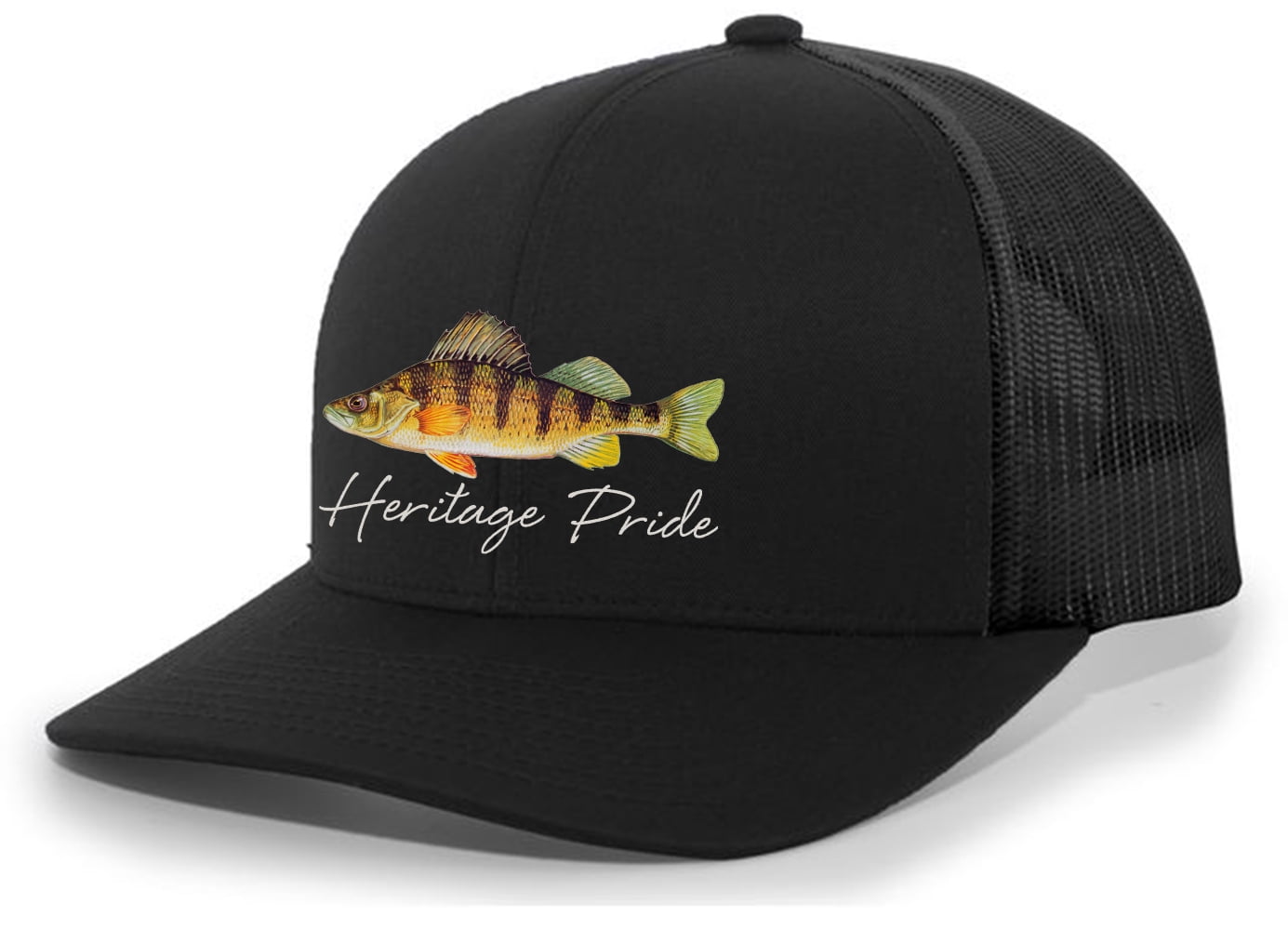 Heritage Pride Freshwater Fish Collection Perch Fishing Mens Embroidered  Mesh Back Trucker Hat Baseball Cap, Black/Black