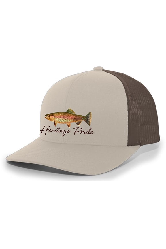 Freshwater Fish Collection Trout Fishing Mens Embroidered Mesh Back Trucker Hat Baseball Cap, Khaki/Brown