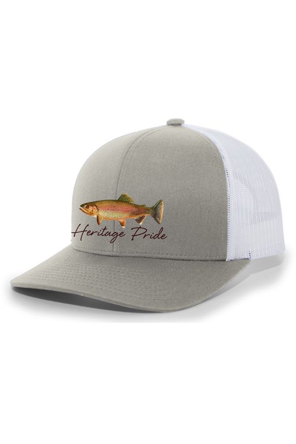 Freshwater Fish Collection Trout Fishing Mens Embroidered Mesh Back Trucker Hat Baseball Cap, Silver/White