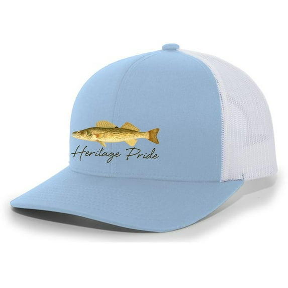 Heritage Pride Freshwater Fish Collection Walleye Fishing Mens Embroidered Mesh Back Trucker Hat Baseball Cap, Charcoal/Neon Blue