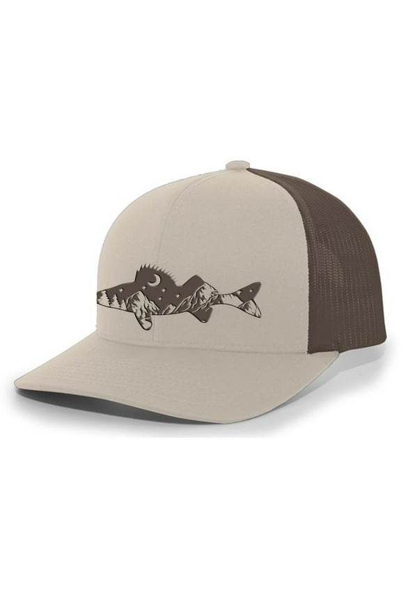 Freshwater Fish Collection Walleye Fishing Mens Embroidered Mesh Back Trucker Hat Baseball Cap, Khaki/Brown