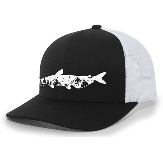 Heritage Pride Freshwater Fish Forest Mountain Scenic Catfish Mens Embroidered Mesh Back Trucker Hat, Black/White