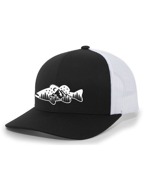 Freshwater Fish Forest Mountain Scenic Catfish Mens Embroidered Mesh Back Trucker Hat, Charcoal/Black