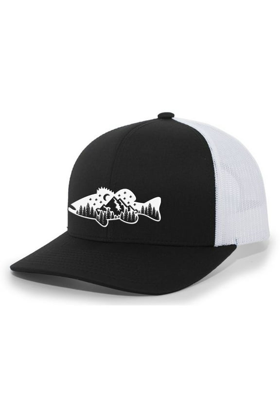Freshwater Fish Forest Mountain Scenic Catfish Mens Embroidered Mesh Back Trucker Hat, Charcoal/Black