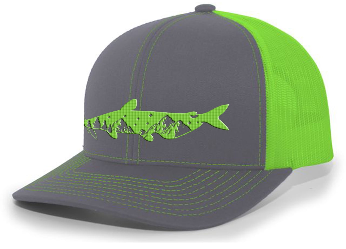 Heritage Pride Freshwater Fish Forest Mountain Scenic Catfish Mens  Embroidered Mesh Back Trucker Hat, Charcoal/Neon Green 