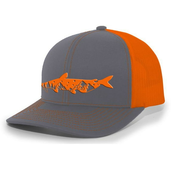 Heritage Pride Freshwater Fish Forest Mountain Scenic Catfish Mens Embroidered Mesh Back Trucker Hat, Charcoal/Neon Orange