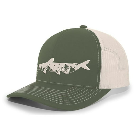Heritage Pride Freshwater Fish Forest Mountain Scenic Catfish Mens Embroidered Mesh Back Trucker Hat, Moss/Beige