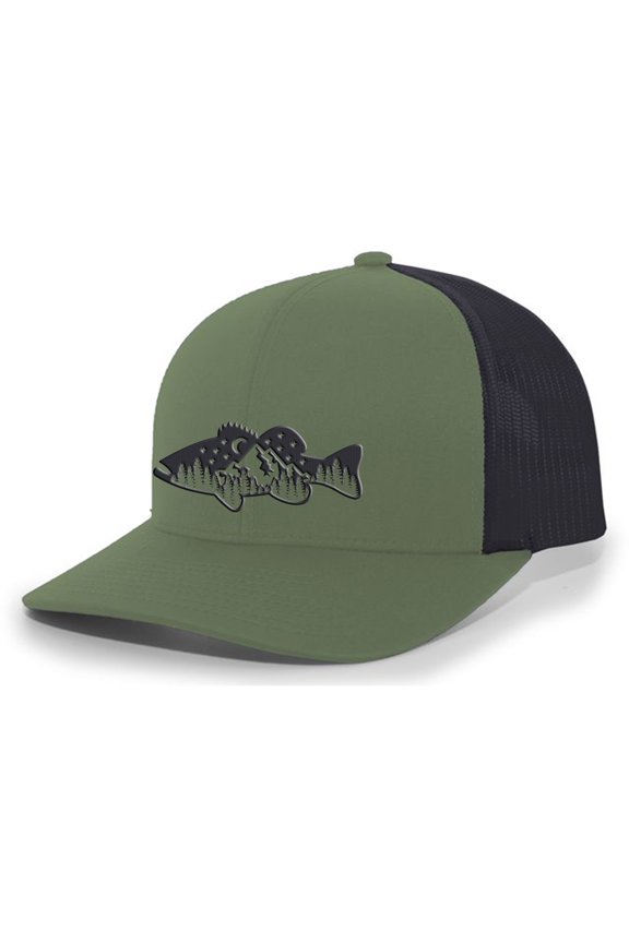 Freshwater Fish Forest Mountain Scenic Largemouth Bass Mens Embroidered Mesh Back Trucker Hat, Loden/Black