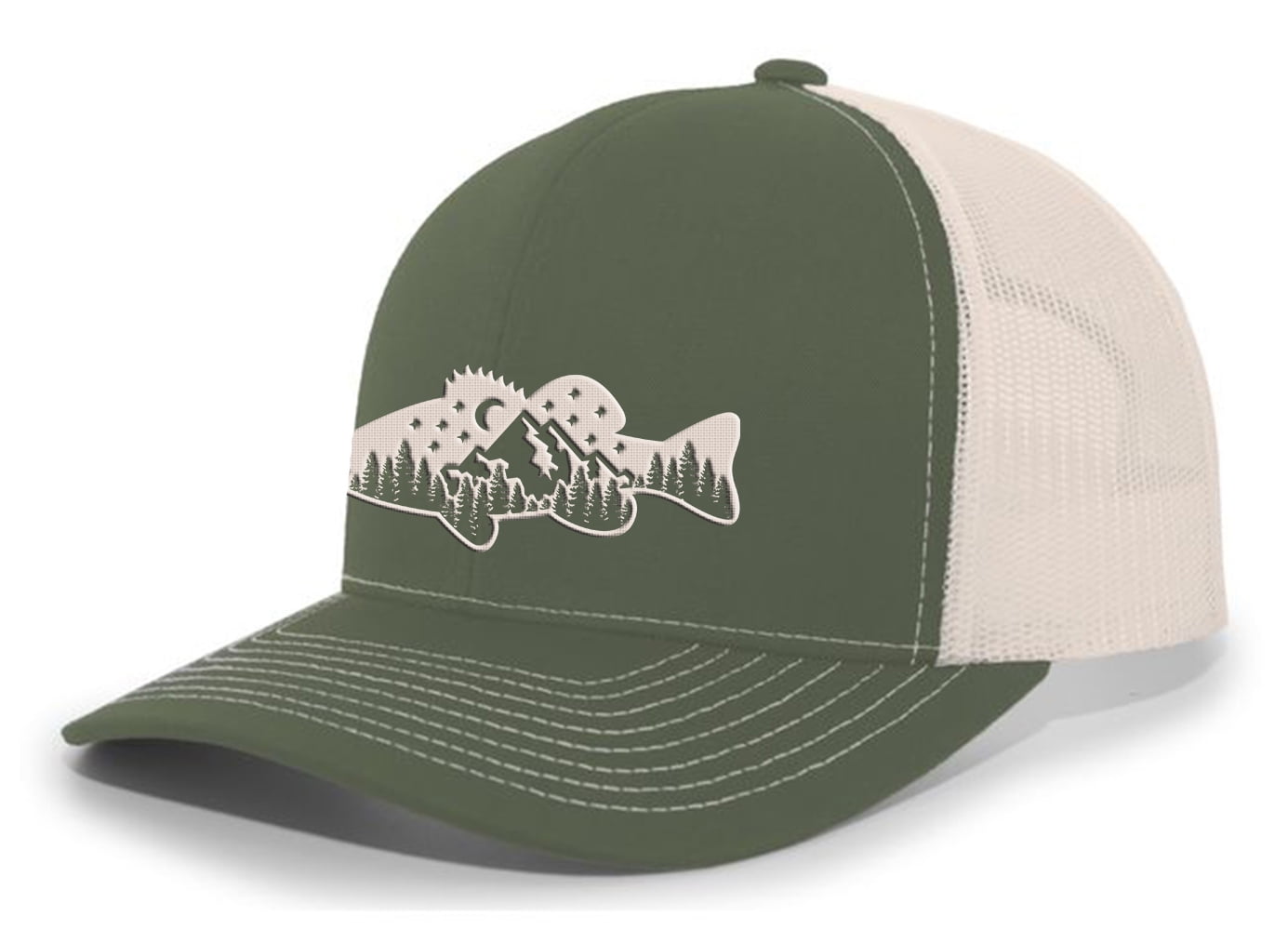 Heritage Pride Freshwater Fish Forest Mountain Scenic Largemouth Bass Mens  Embroidered Mesh Back Trucker Hat, Brown/Khaki 