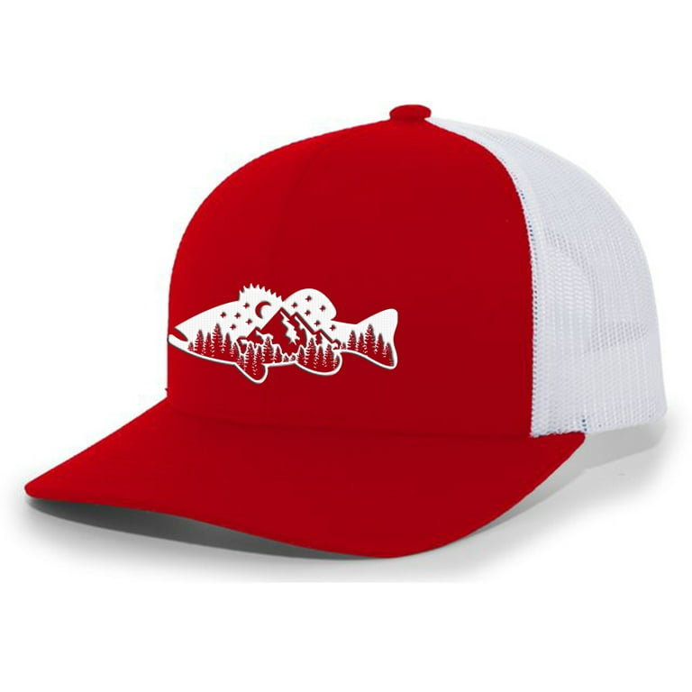 Heritage Pride Freshwater Fish Forest Mountain Scenic Largemouth Bass Mens  Embroidered Mesh Back Trucker Hat, Red/White 