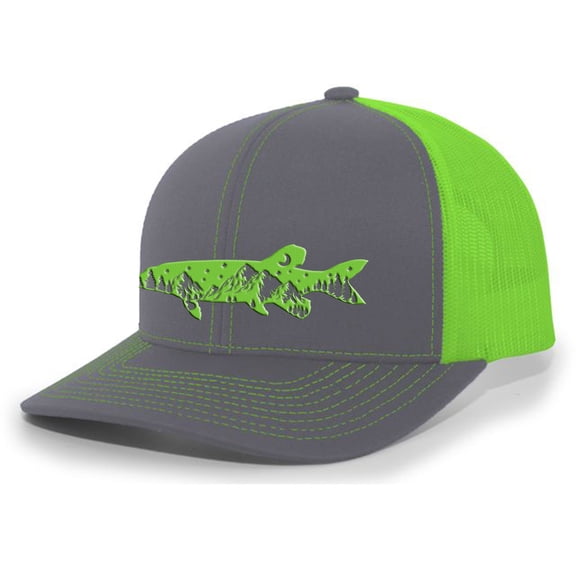 Heritage Pride Freshwater Fish Forest Mountain Scenic Pike Mens Embroidered Mesh Back Trucker Hat, Charcoal/Neon Green