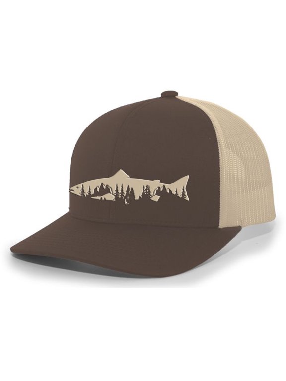 Freshwater Fish Forest Mountain Scenic Salmon Mens Embroidered Mesh Back Trucker Hat, Brown/Khaki