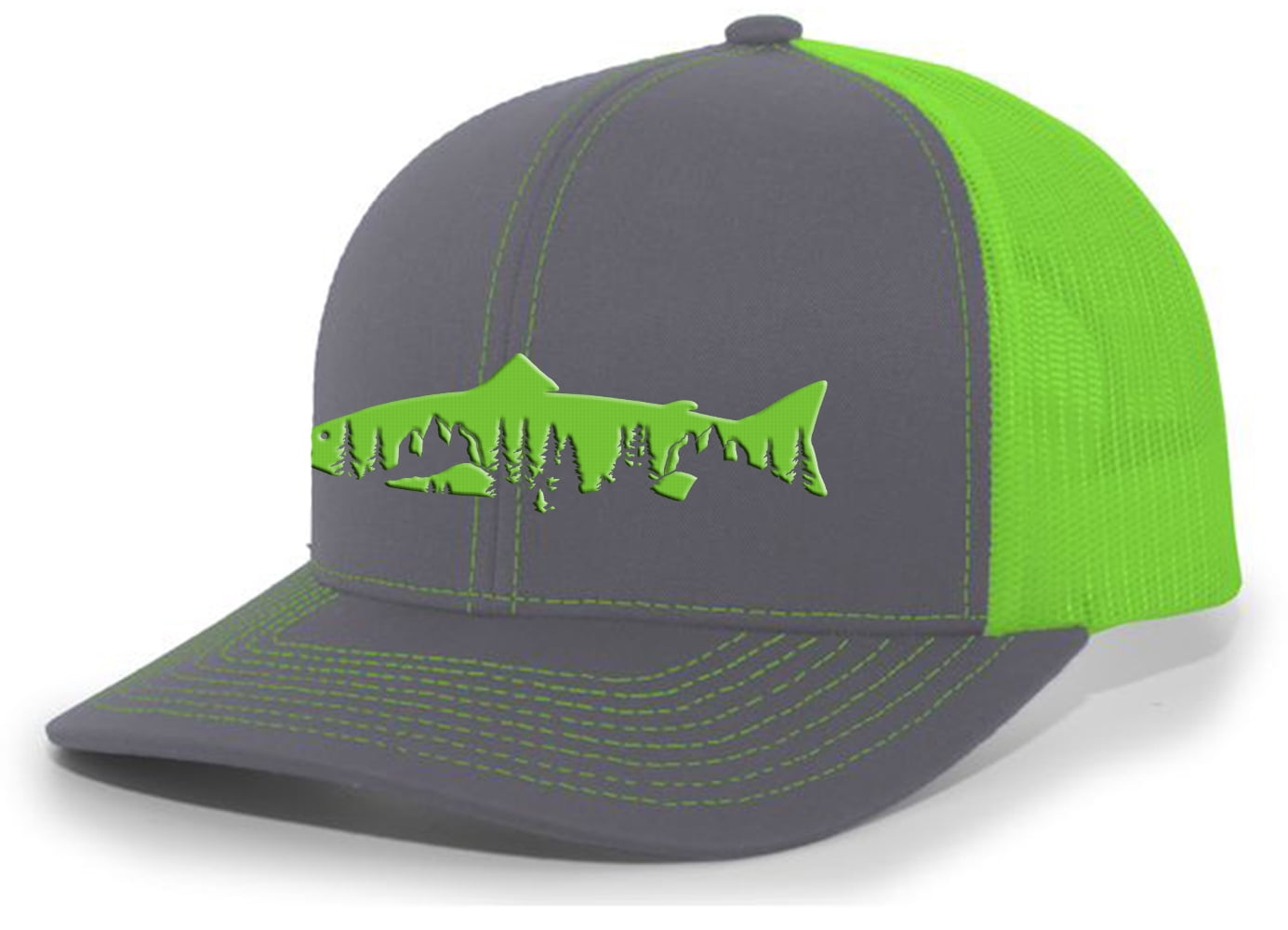 Heritage Pride Freshwater Fish Forest Mountain Scenic Salmon Mens  Embroidered Mesh Back Trucker Hat, Silver/White 