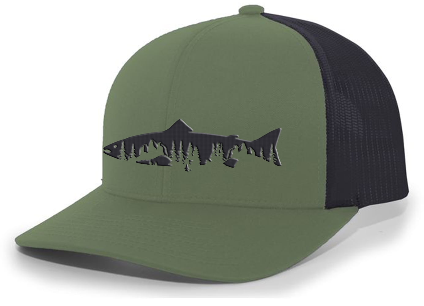 Heritage Pride Freshwater Fish Forest Mountain scenic Salmon Mens Embroidered Mesh Back Trucker Hat, Loden/Black