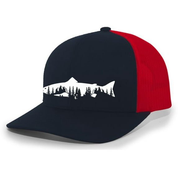 Heritage Pride Freshwater Fish Forest Mountain Scenic Salmon Mens Embroidered Mesh Back Trucker Hat, Navy/Red