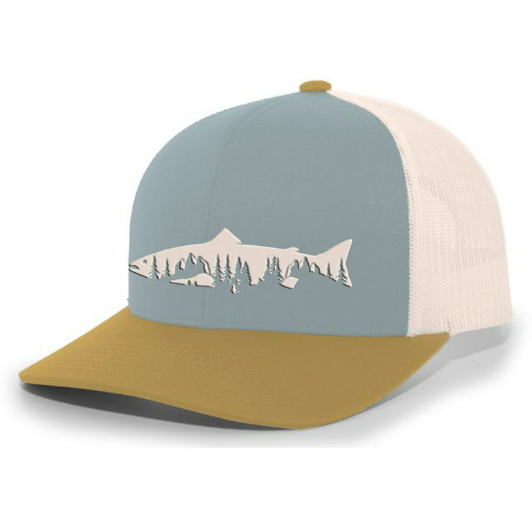 Heritage Pride Freshwater Fish Forest Mountain Scenic Salmon Mens  Embroidered Mesh Back Trucker Hat, Smoke Blue/Amber/Beige 