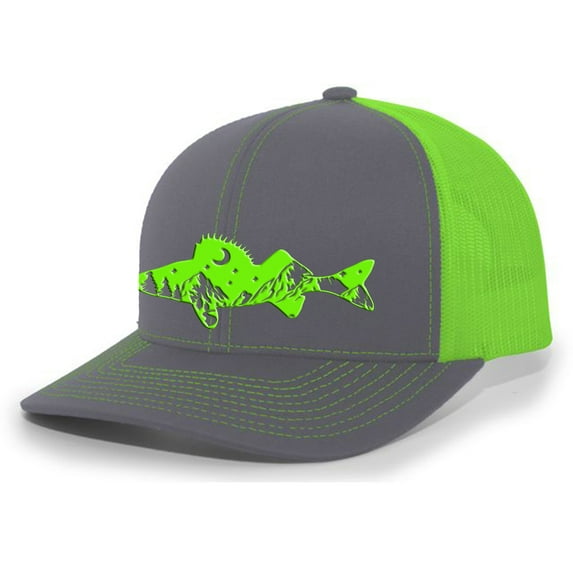 Heritage Pride Freshwater Fish Forest Mountain Scenic Walleye Mens Embroidered Mesh Back Trucker Hat, Charcoal/Neon Green
