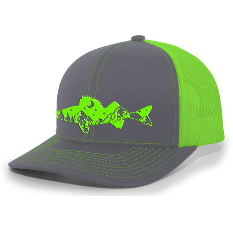 Heritage Pride Freshwater Fish Forest Mountain Scenic Walleye Mens  Embroidered Mesh Back Trucker Hat, Charcoal/Neon Green