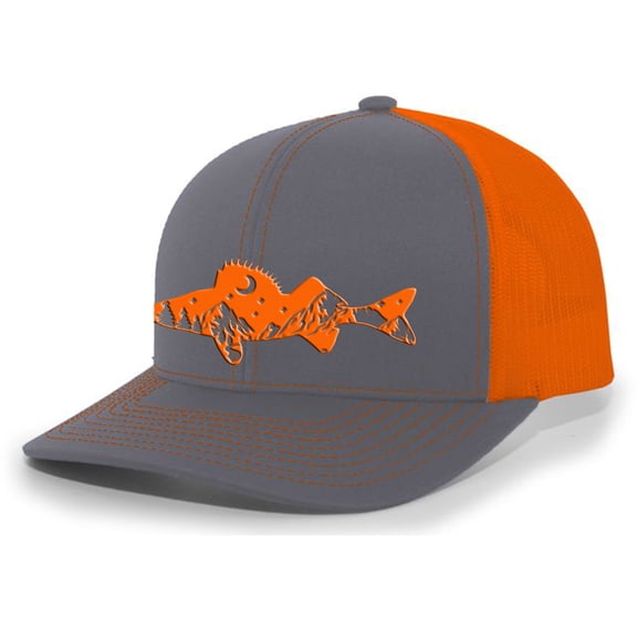 Heritage Pride Freshwater Fish Forest Mountain Scenic Walleye Mens Embroidered Mesh Back Trucker Hat, Charcoal/Neon Orange