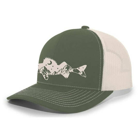Heritage Pride Freshwater Fish Forest Mountain Scenic Walleye Mens Embroidered Mesh Back Trucker Hat, Moss/Beige