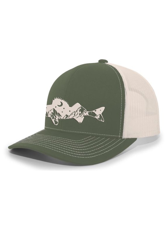Freshwater Fish Forest Mountain Scenic Walleye Mens Embroidered Mesh Back Trucker Hat, Moss/Beige