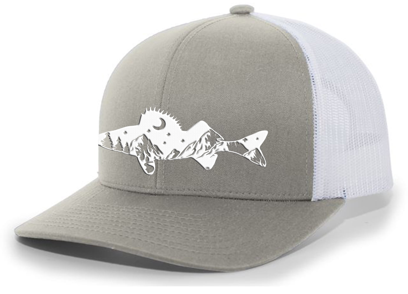 Heritage Pride Freshwater Fish Forest Mountain Scenic Walleye Mens  Embroidered Mesh Back Trucker Hat, Silver/White 
