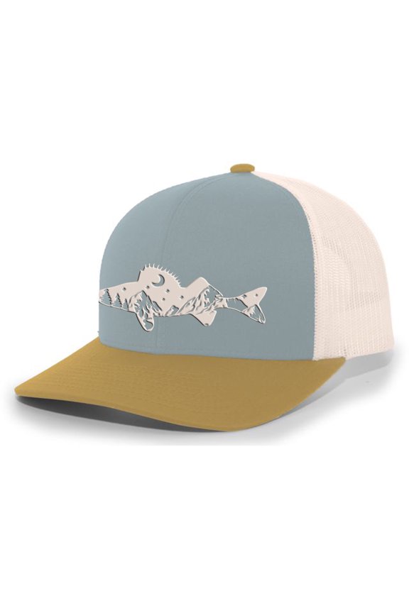 Freshwater Fish Forest Mountain Scenic Walleye Mens Embroidered Mesh Back Trucker Hat, Smoke Blue/Amber/Beige