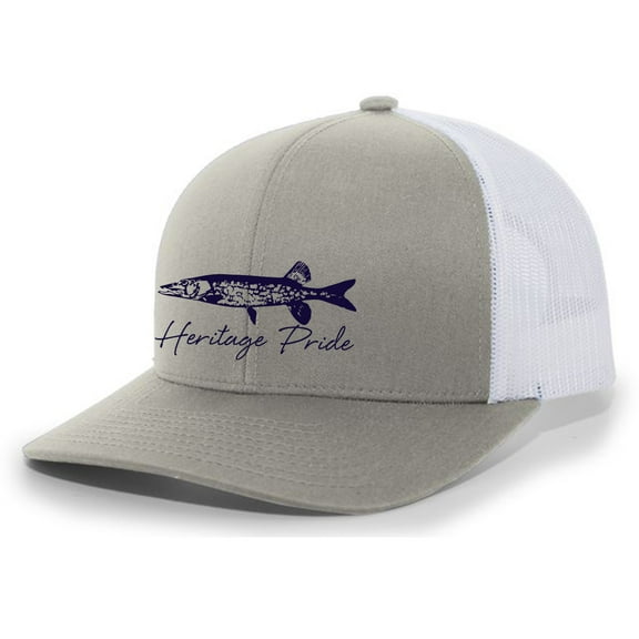 Heritage Pride Freshwater Fish Northern Pike Lake Fishing Sihouette Script Mens Embroidered Mesh Back Trucker Hat Baseball Cap, Silver/White