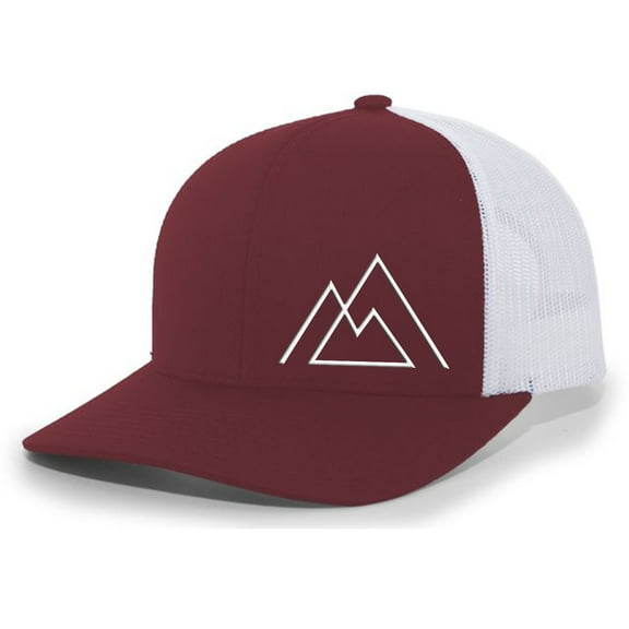 Heritage Pride Geometric Mountain Nature Mens Embroidered Mesh Back Trucker Hat Baseball Cap, Cardinal/White