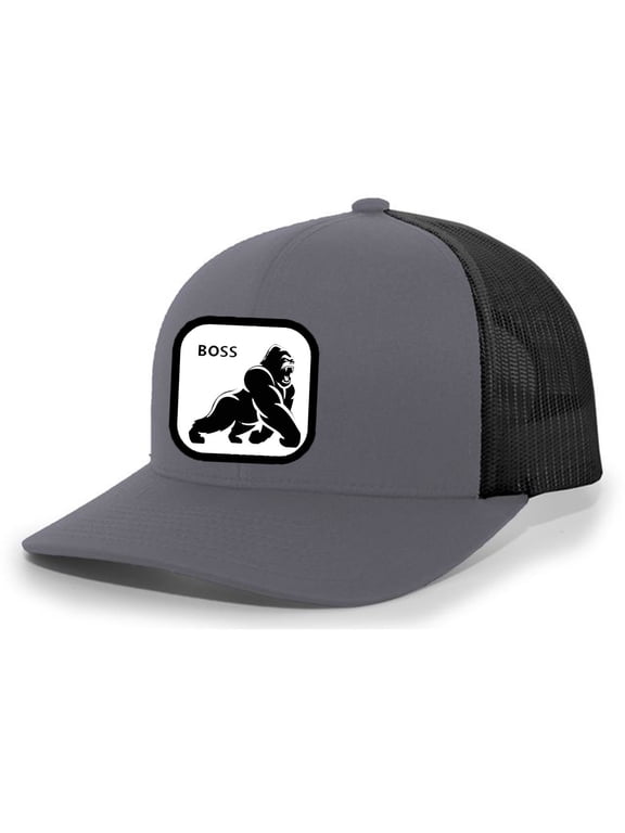 Gorilla Hat Boss Animal Embroidered Mesh Back Trucker Hat, Charcoal/Black