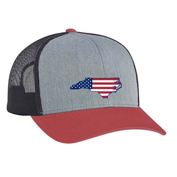 Heritage Pride Grey Heather, Charcoal, Varsity Red, American Flag Embroidered State Pride Hats-North Carolina