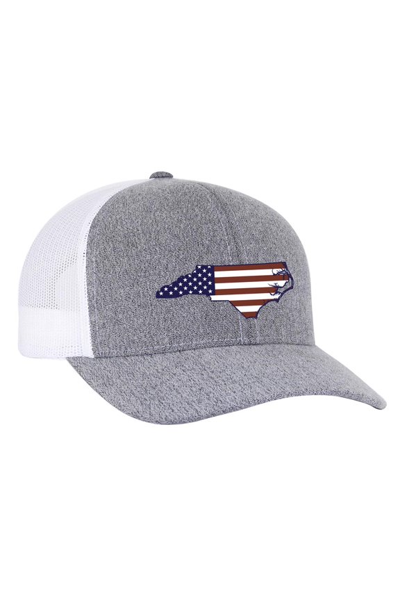 Grey Heather and White American Flag Embroidered State Pride Hats-North Carolina