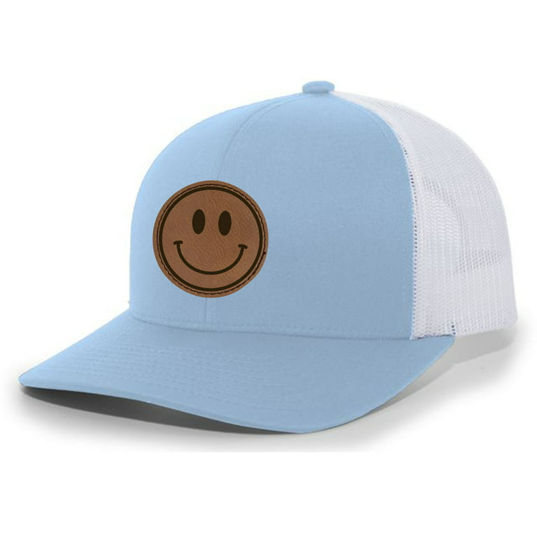 Heritage Pride Happy Face Smile Leather Patch Mens Trucker Hat Baseball  Cap, Columbia Blue/White 