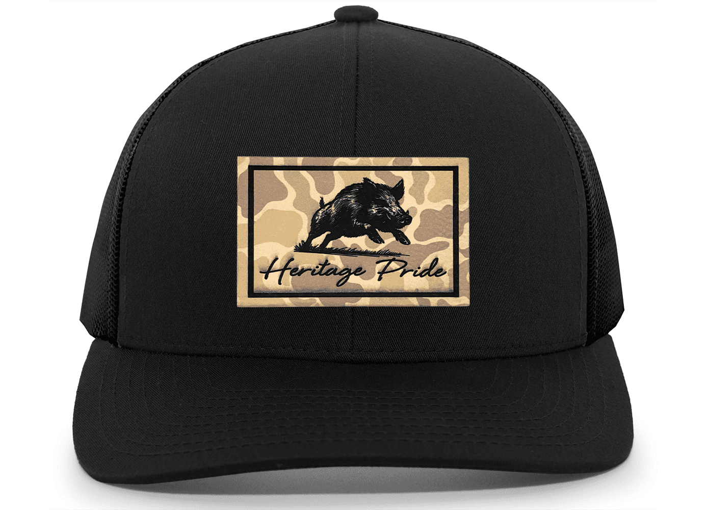 Heritage Pride Heritage Pride Running Boar Outdoors Hunting Engraved Camo Leather Patch Mesh Back Trucker Hat, Black/Black