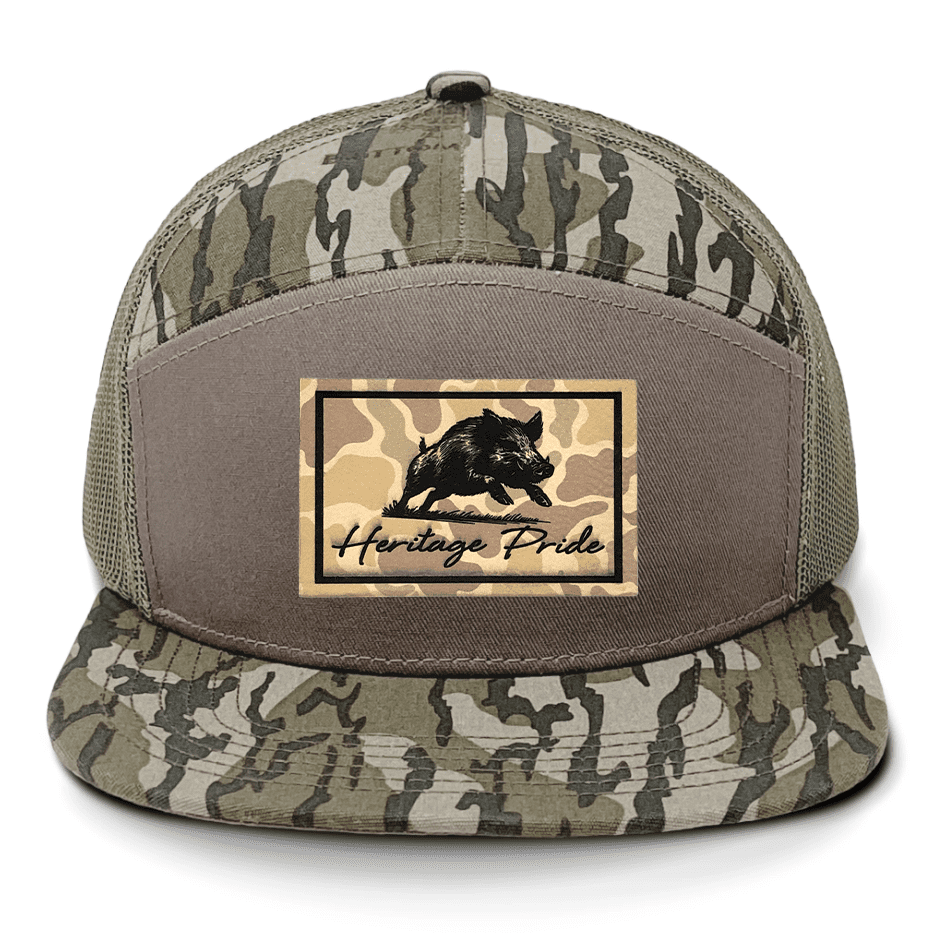 Heritage Pride Heritage Pride Running Boar Outdoors Hunting Engraved Camo Leather Patch Mesh Back Trucker Hat, Bottomland/Gator